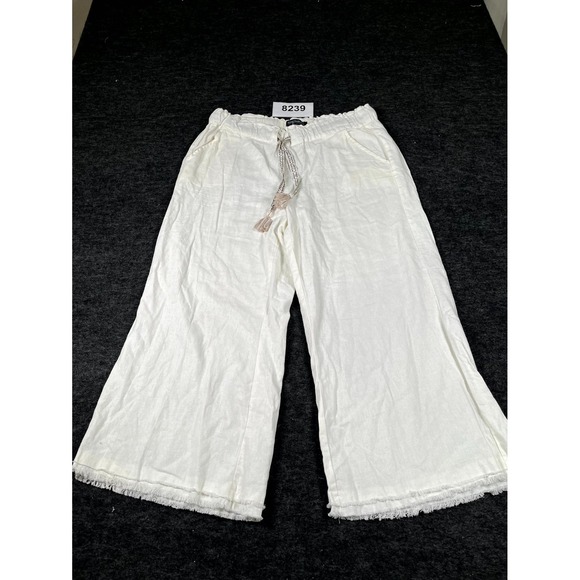 Beau Dawson Pants - Beau Dawson Pants Womens Large White Linen Drawstring Raw Hem Wide Leg Casual